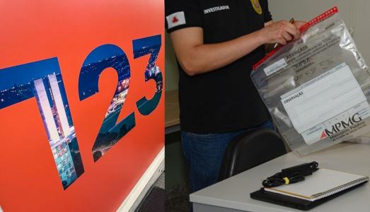 Foto mostra logo da empresa 123milhas e, ao lado, investigador coletando provas em endereço ligado à empresa