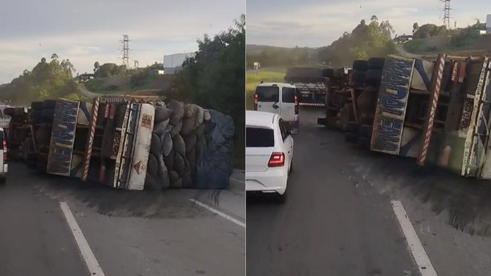 Tombamento de caminhão fecha BR-040 parcialmente há mais de 7h em Sete Lagoas (MG), no sentido BH