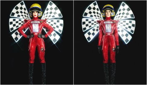 Kaliana Diniz se transforma em Ayrton Senna em desfile