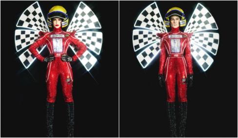 Kaliana Diniz se transforma em Ayrton Senna em desfile