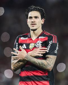 Pedro, do Flamengo, celebra um de seus gols diante do Vitória nesta segunda-feira (25)