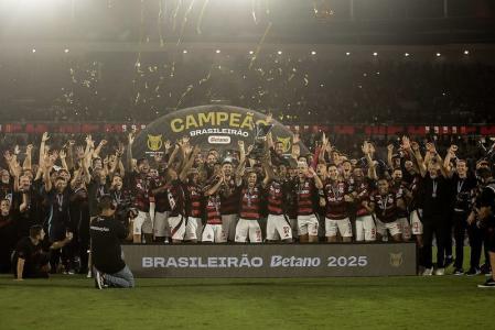 Elenco do Flamengo ergue taça do Brasileirão no Maracanã