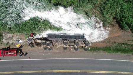 A carga da carreta caiu em uma mata às margens da rodovia