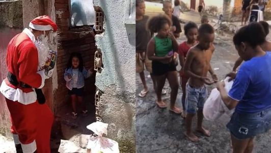 À esquerda, Júlio Fessô entrega presentes para as crianças do Morro do Papagaio; à direita, ação distribui presentes na Vila Biquinhas