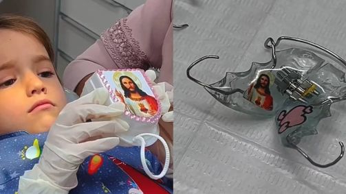 A pequena Celine Galli viralizou nas redes sociais ao pedir um aparelho dentário com tema de Jesus Cristo