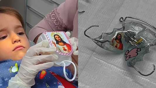 A pequena Celine Galli viralizou nas redes sociais ao pedir um aparelho dentário com tema de Jesus Cristo