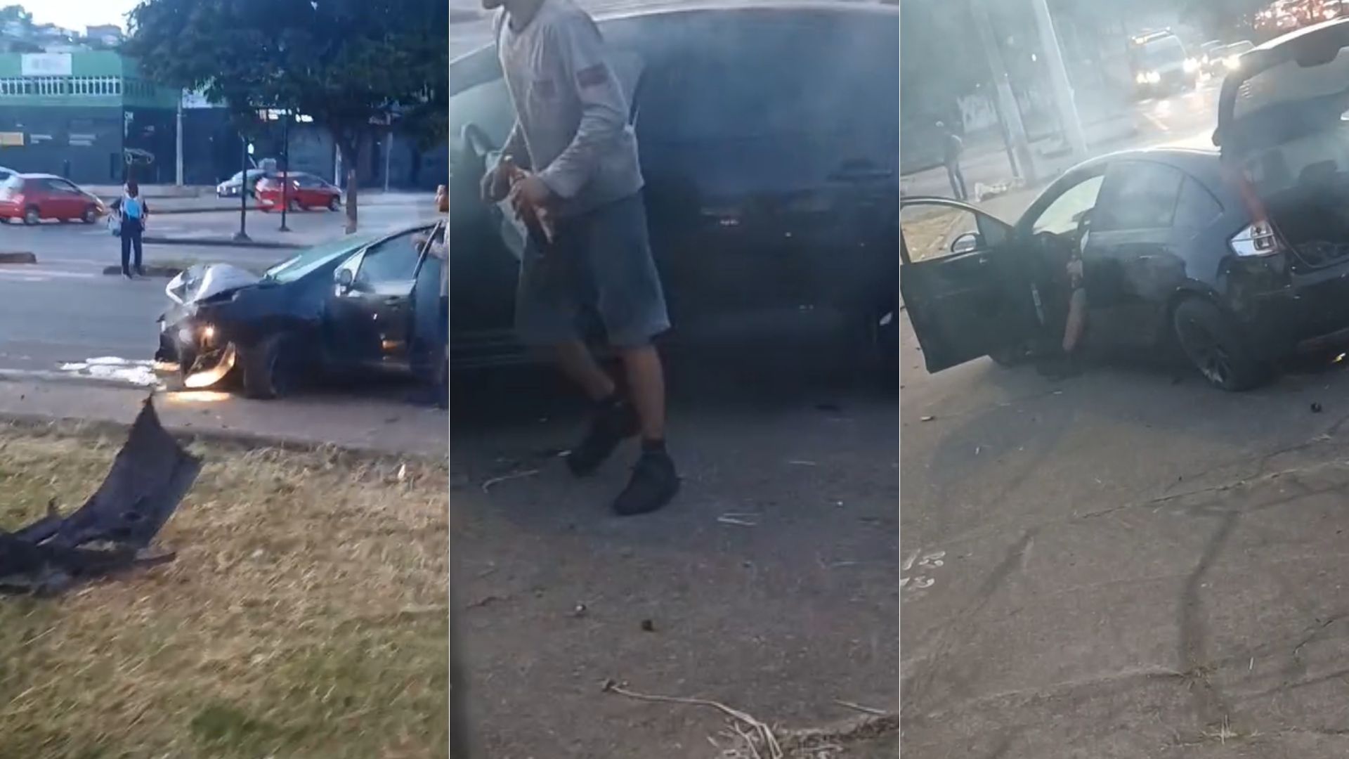 Acidente na Via do Minério, em BH, deixa carro destruído; motorista saiu com garrafa de cerveja na mão