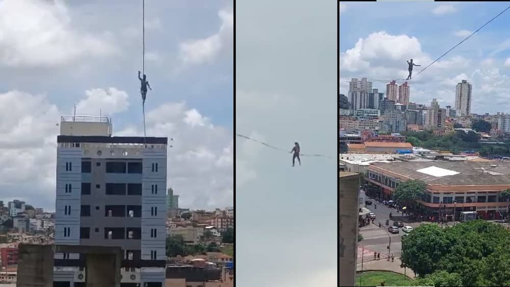Vídeo: atleta cruza os céus do Centro de BH fazendo slackline entre prédios; saiba o motivo