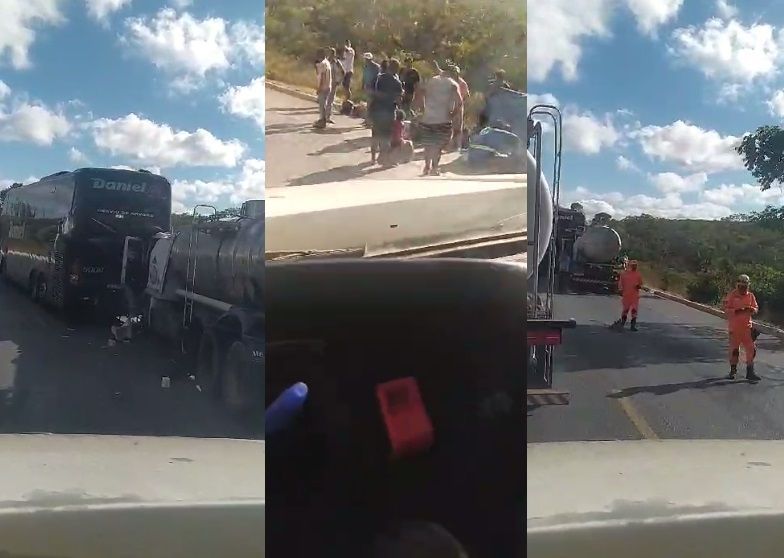 Batida entre carro, ônibus e caminhão deixa dois feridos e interdita parcialmente BR-251
