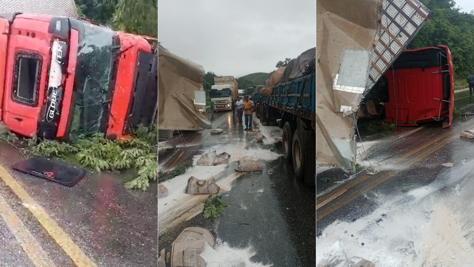 Vídeo: carreta de gesso perde freio, tomba e interdita BR-251, no interior de Minas