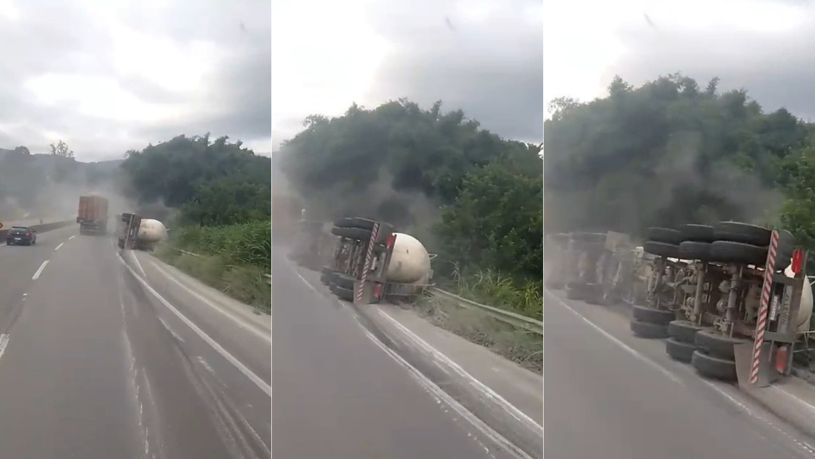 Vídeo: caminhão tomba na Fernão Dias, no Sul de Minas, e motorista fica ferido