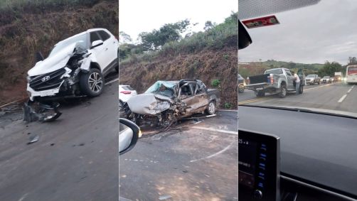 Engavetamento envolvendo quatro carros complica trânsito na BR-381, na altura de São Gonçalo do Rio Abaixo.