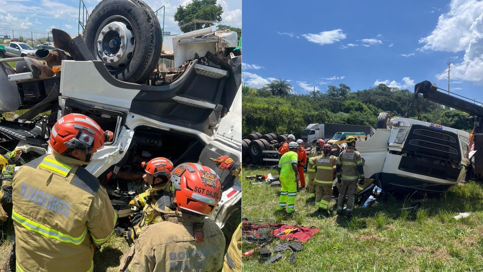 Vídeo: acidente entre caminhão e carreta deixa motorista preso as ferragens, na Fernão Dias, em Betim