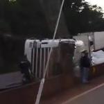 Vídeo: carreta com ração tomba e fecha Rodovia Fernão Dias em Brumadinho
