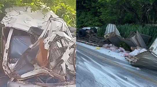 Fotos mostram Kombi e caminhão destruídos após acidente em Pernambuco