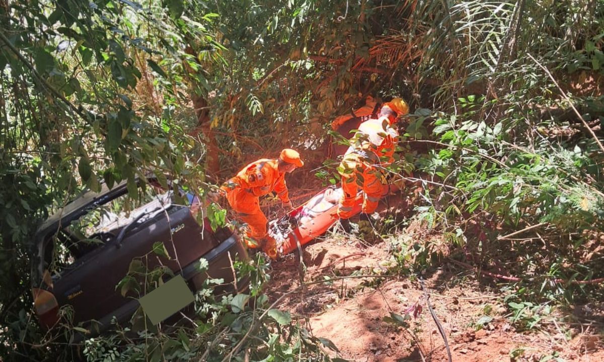 Bombeiros resgatam motorista após veículo cair em barranco em estrada que leva à BR-116, na Zona da Mata