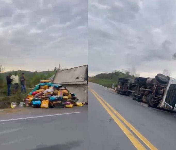 Caminhão tomba na BR-381, em João Monlevade (MG), e interdita trânsito na rodovia