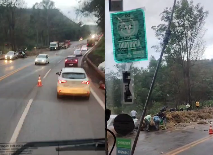 Caminhão carregado com abacaxi tomba na BR-040, em Itabirito (MG)