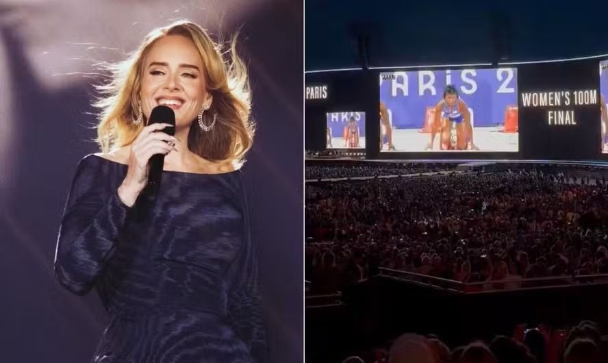 Adele para show para assistir à final dos 100m feminino na Olimpíada de Paris