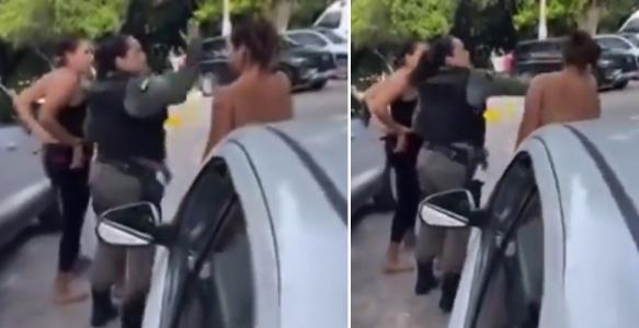 Foto mostra policial dando tapa em mulher que bateu na filha em  Vitória de Santo Antão, no Pernambuco