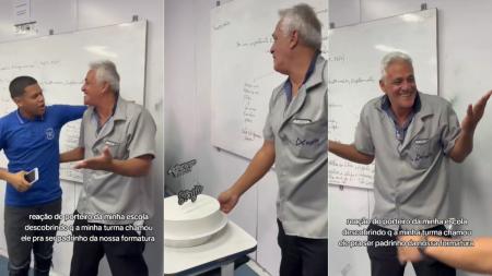 Alunos escolhem porteiro para ser padrinho de formatura e vídeo da homenagem viraliza: 'Vocês são como filhos'.