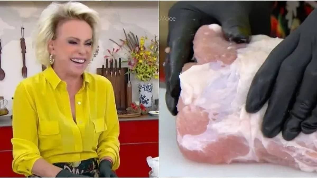 Ana Maria Braga se diverte ao colocar linguiça em lombo