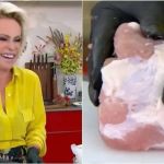 Ana Maria Braga se diverte ao colocar linguiça em lombo