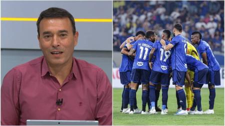 André Rizek (esq), aprestador do Sportv, e time do Cruzeiro (dir)