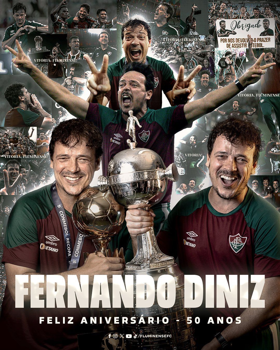 Fernando Diniz completa 50 anos e recebe homenagem do Fluminense