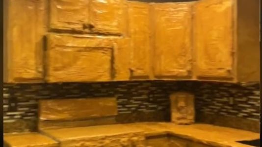 Armários, eletrodoméstico e até a pia ficaram cobertos pela manteiga de amendoim