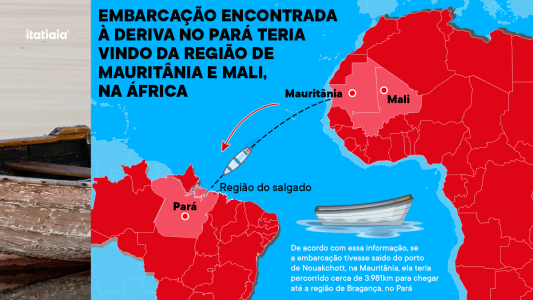 Mapa mostra a distância de Mauritânia, na África, para o Pará, no Brasil