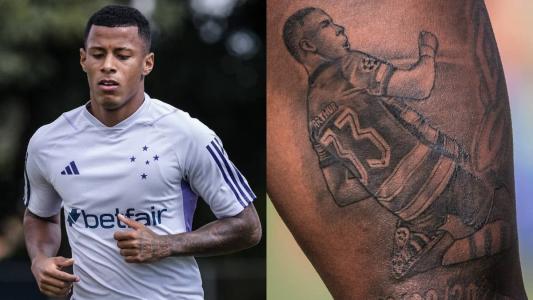 Arthur Gomes e a comemoração de gol na Champions, tatuada na panturrilha direita