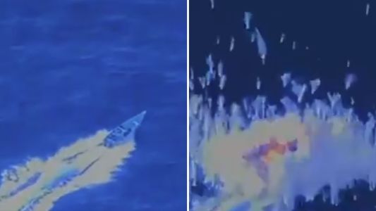 No vídeo, vê-se uma lancha navegando a toda velocidade em alto-mar, e em seguida o impacto que a destrói totalmente