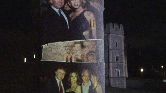 TOPSHOT - This frame grab made on September 17, 2025 from an AFP video footage dated from September 16, 2025 shows pictures projected onto a tower of the Windsor Castle bearing (bottom) notorious sex offender Jeffrey Epstein with Ghislaine Maxwell and US President Donald Trump (L) with Melania Trump, during an action by activists from the British group Led by Donkeys on the sidelines of Trump's state visit to Britain. The photograph (top) shows Trump posing with Belgian model Ingrid Seynhaeve, with Epstein in the background. Activists from the British group Led by Donkeys holds politicians to account through often humorous campaigns. (Photo by Lena VOELK / AFP)