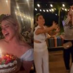 Carolina Dieckmann empolga com parabéns e derruba bolo de aniversário no chão; veja