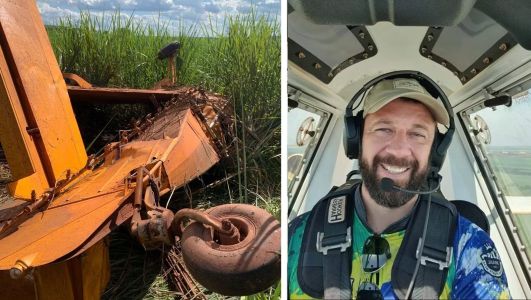 Foto mostra avião agrícola que caiu em São Paulo e, ao lato, o piloto Ricardo Lima, que morreu na queda