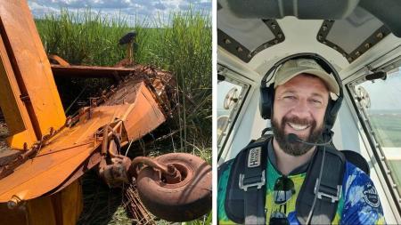 Foto mostra avião agrícola que caiu em São Paulo e, ao lato, o piloto Ricardo Lima, que morreu na queda