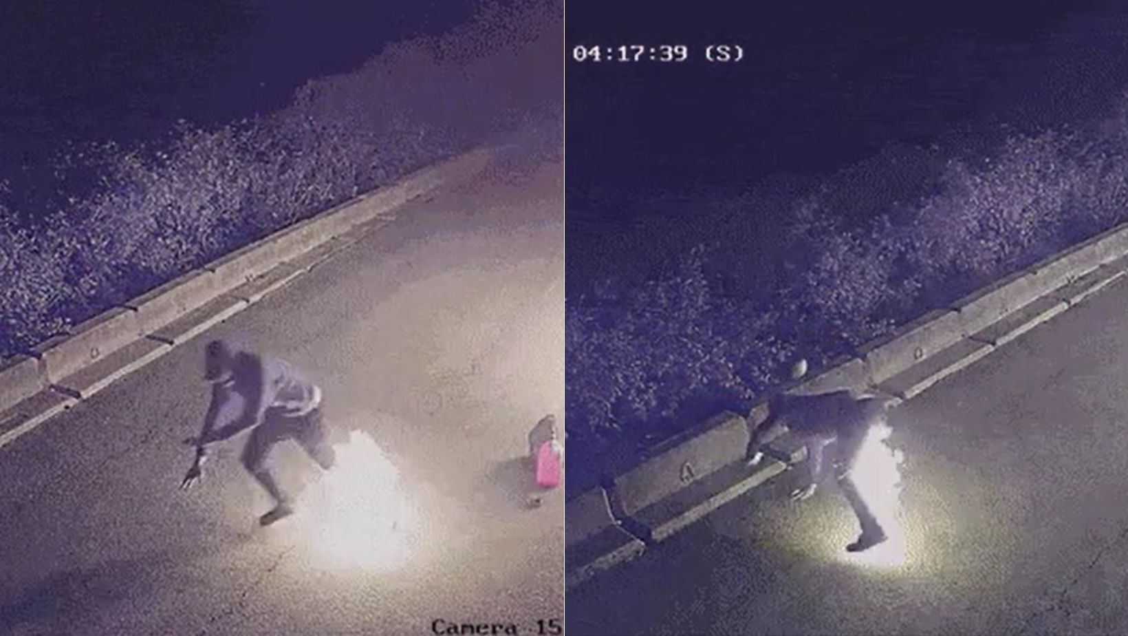 Vídeo: criminoso fica com pernas em chamas após tentar atear fogo em centro comercial