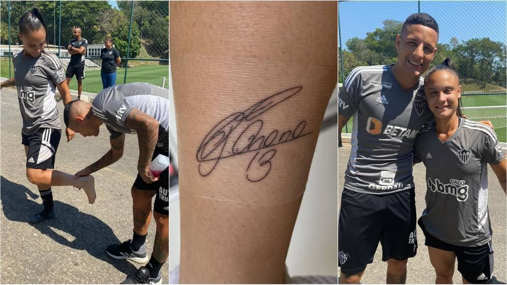 Jogadora do Atlético encontra Arana, mostra tatuagem de autógrafo e se emociona