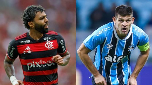 Gabigol em jogo do Flamengo em 2024 e Kannemann em ação pelo Grêmio em 2025