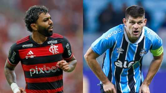 Gabigol em jogo do Flamengo em 2024 e Kannemann em ação pelo Grêmio em 2025
