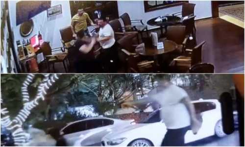 As imagens mostram a briga no restaurante e o momento em que o atirador surpreende as vítimas