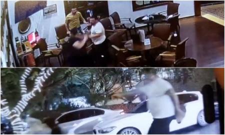 As imagens mostram a briga no restaurante e o momento em que o atirador surpreende as vítimas