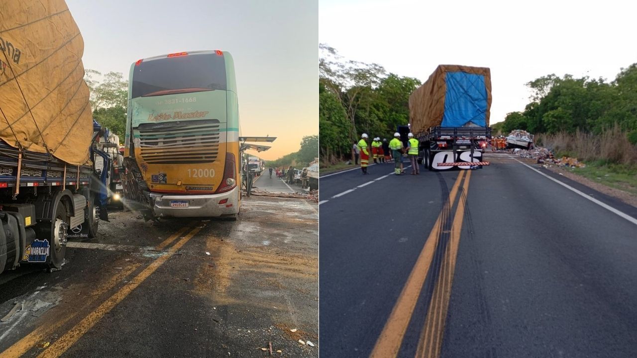 Batida entre ônibus e dois caminhões deixa uma pessoa morta e outras cinco feridas na BR-135