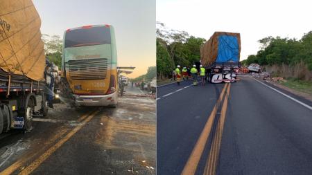 Batida entre ônibus e dois caminhões deixa uma pessoa morta e outras cinco feridas na BR-135