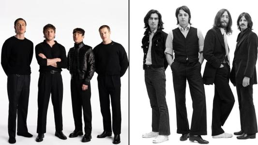 Fotos mostram elenco dos filmes dos Beatles e, ao lado, a banda em 1969