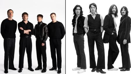 Fotos mostram elenco dos filmes dos Beatles e, ao lado, a banda em 1969