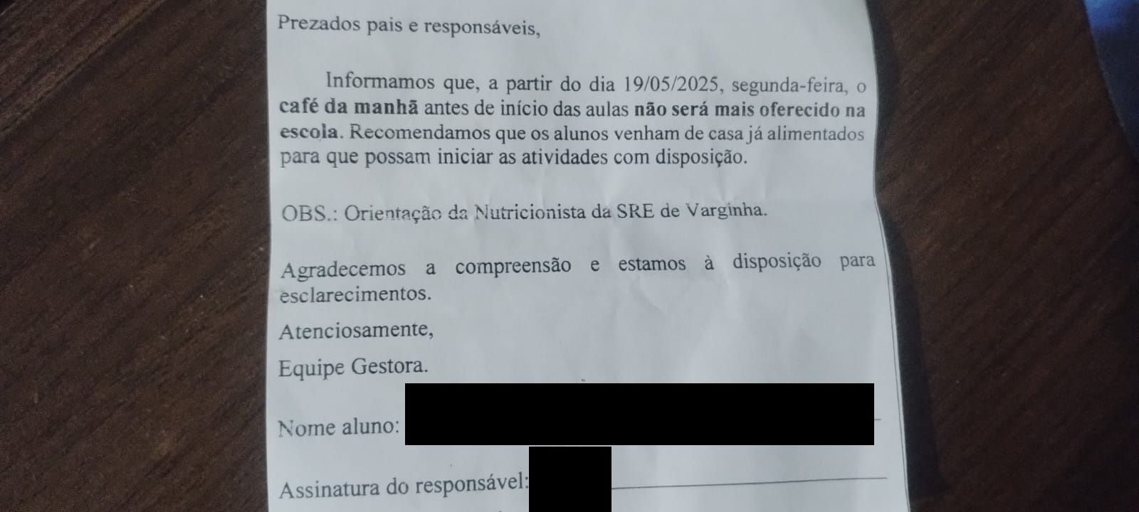 Escola de Varginha deixa de servir café da manhã para estudantes