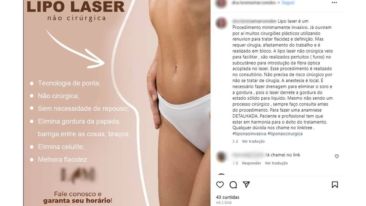 Biomédica mineira investigada por erros médicos oferta lipo na internet sem ter licença 