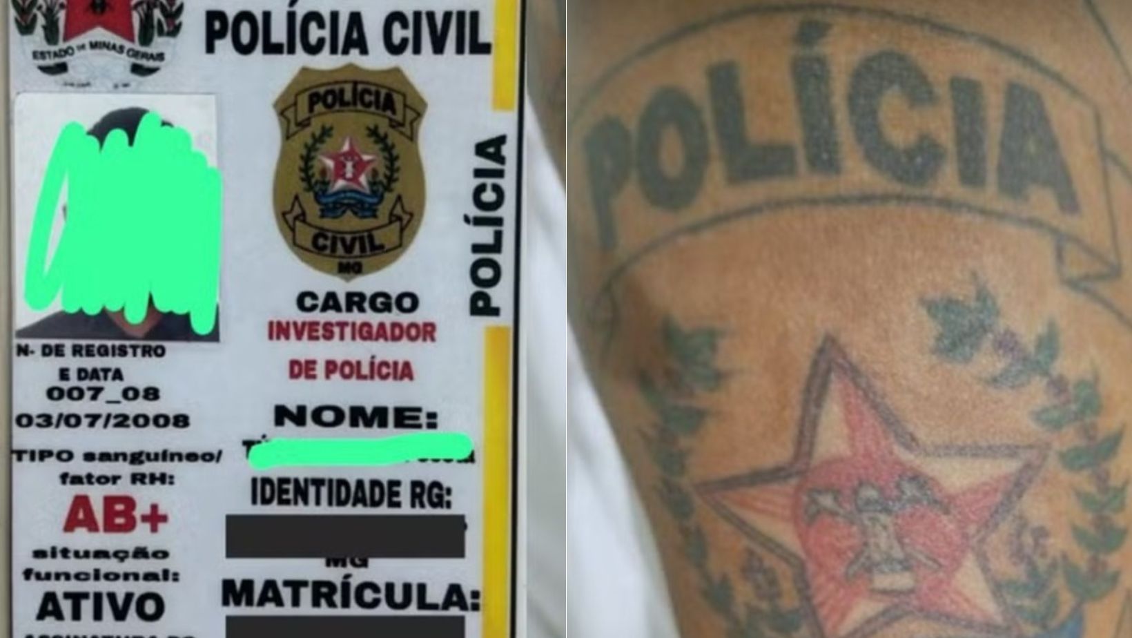 Homem é preso em blitz com falso documento da Polícia Civil de MG e brasão da instituição tatuado